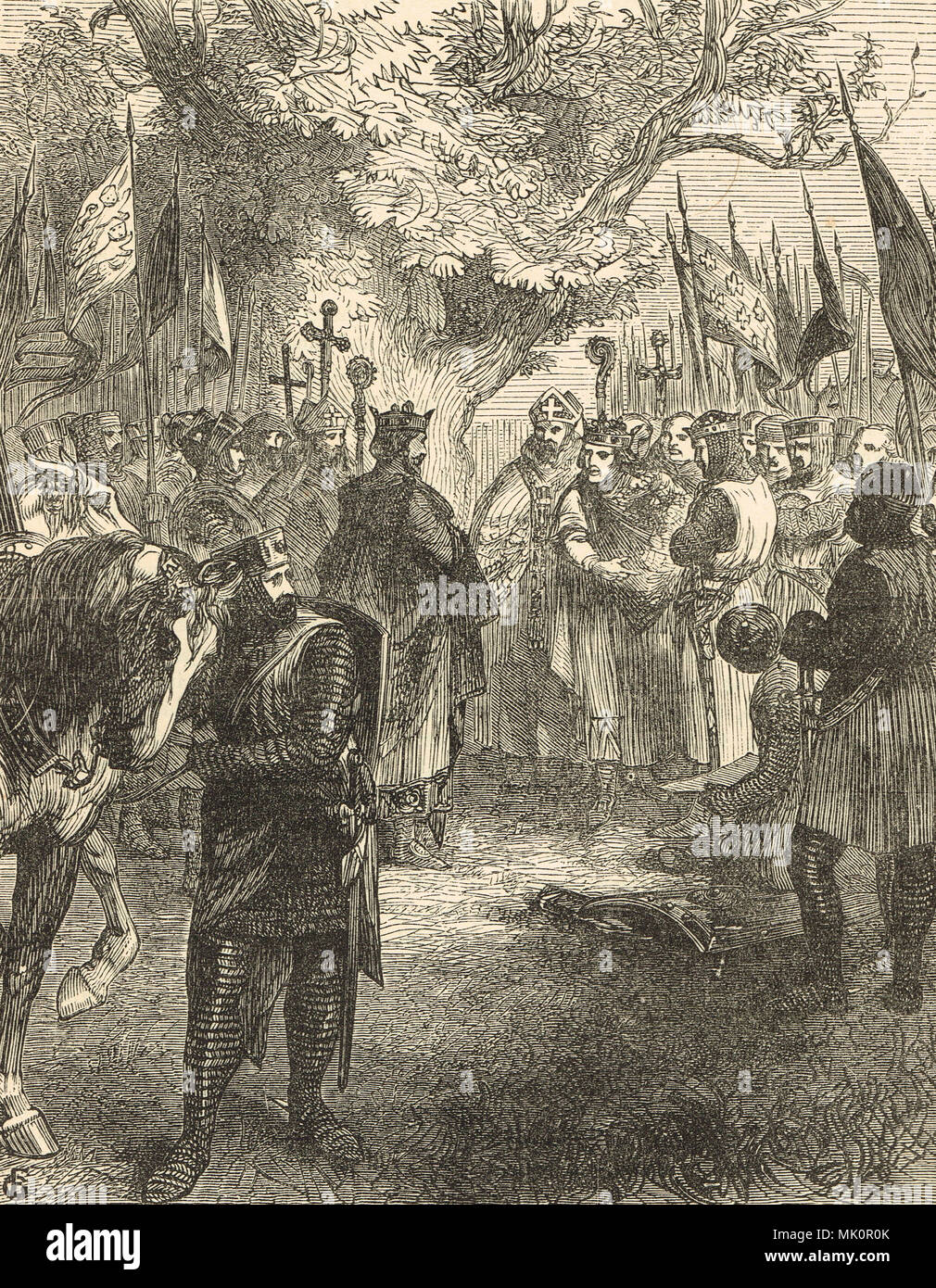 König Heinrich II. von England treffen mit König Ludwig VII. von Frankreich, in der Ebene in der Nähe von Gisors, Normandie, Frankreich 1173. Friedensverhandlungen während des großen Aufstandes, einen Aufstand der ältesten Söhne von Heinrich I., unterstützt von Louis VII. Stockfoto