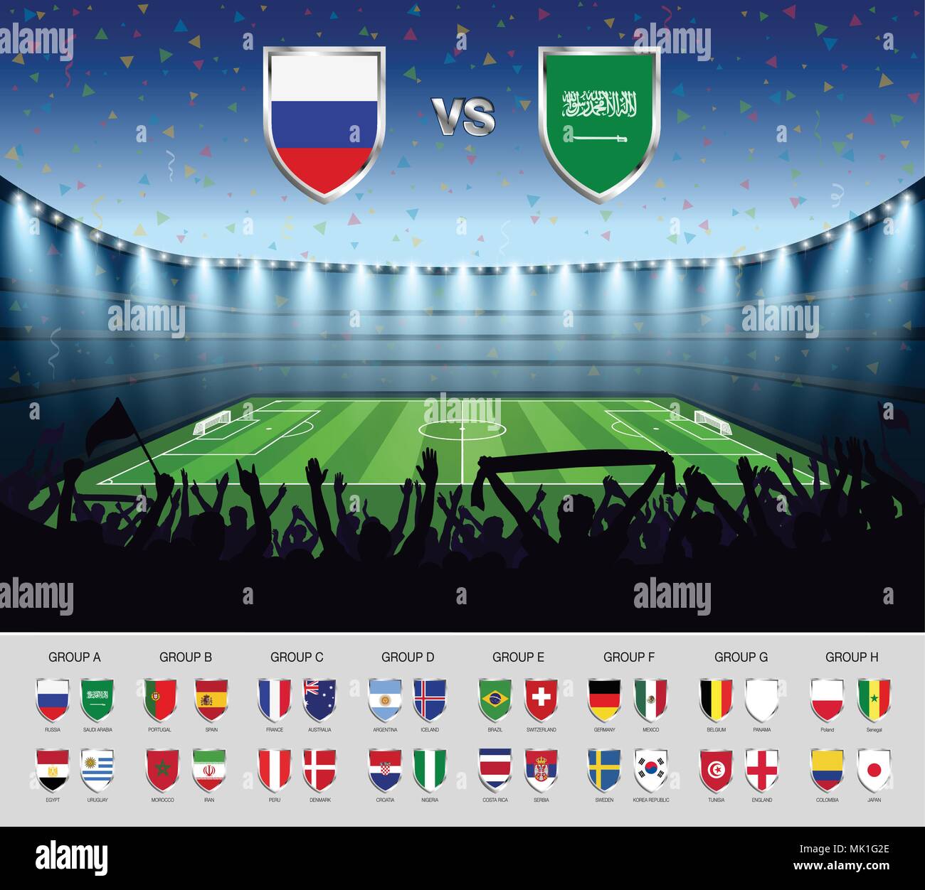 Fußball Match Russland 2018 mit aufgeregten Menschenmenge am Fußball Stadion Hintergrund. Im Sommer Fußball-Turnier. Vector Illustration. Stock Vektor