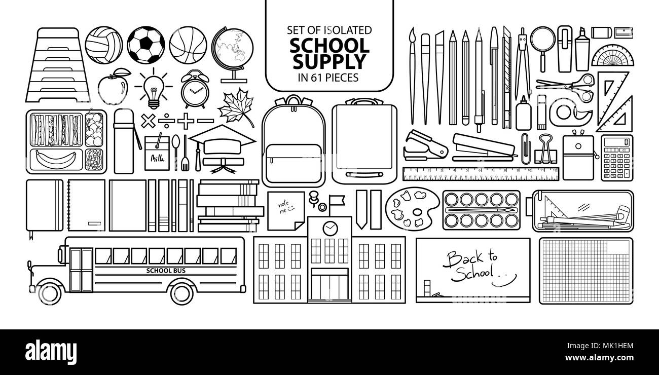 Eingestellt von isolierten Schule Versorgung in 61 Stücke. Cute Objekte Vector Illustration in schwarzer Umriss und weißen Ebene auf weißem Hintergrund. Stock Vektor