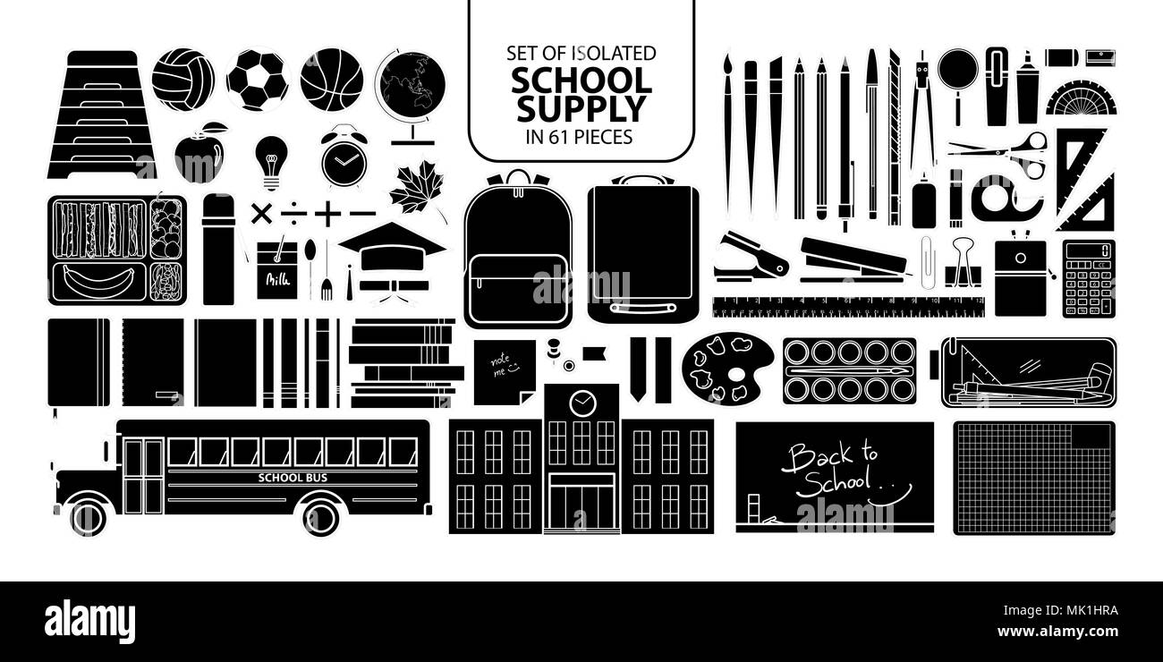 Eingestellt von isolierten silhouette Schule Versorgung in 61 Stücke. Cute Objekte Vector Illustration in weißer Umriss und schwarzen Flugzeug auf weißem Hintergrund Stock Vektor