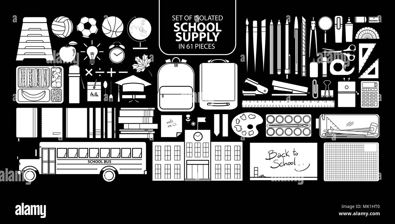 Eingestellt von isolierten weißen silhouette Schule Versorgung in 61 Stücke. Cute Objekte Vector Illustration in weißen Fläche ohne Umriss auf schwarzem Hintergrund. Stock Vektor