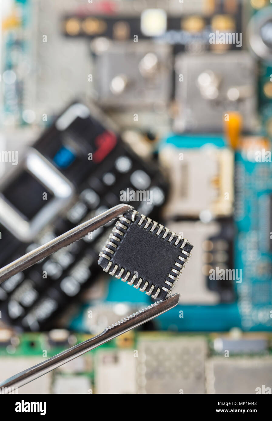 Elektronische chip in Pinzette auf dem Hintergrund der demontierten Mobiltelefon Stockfoto