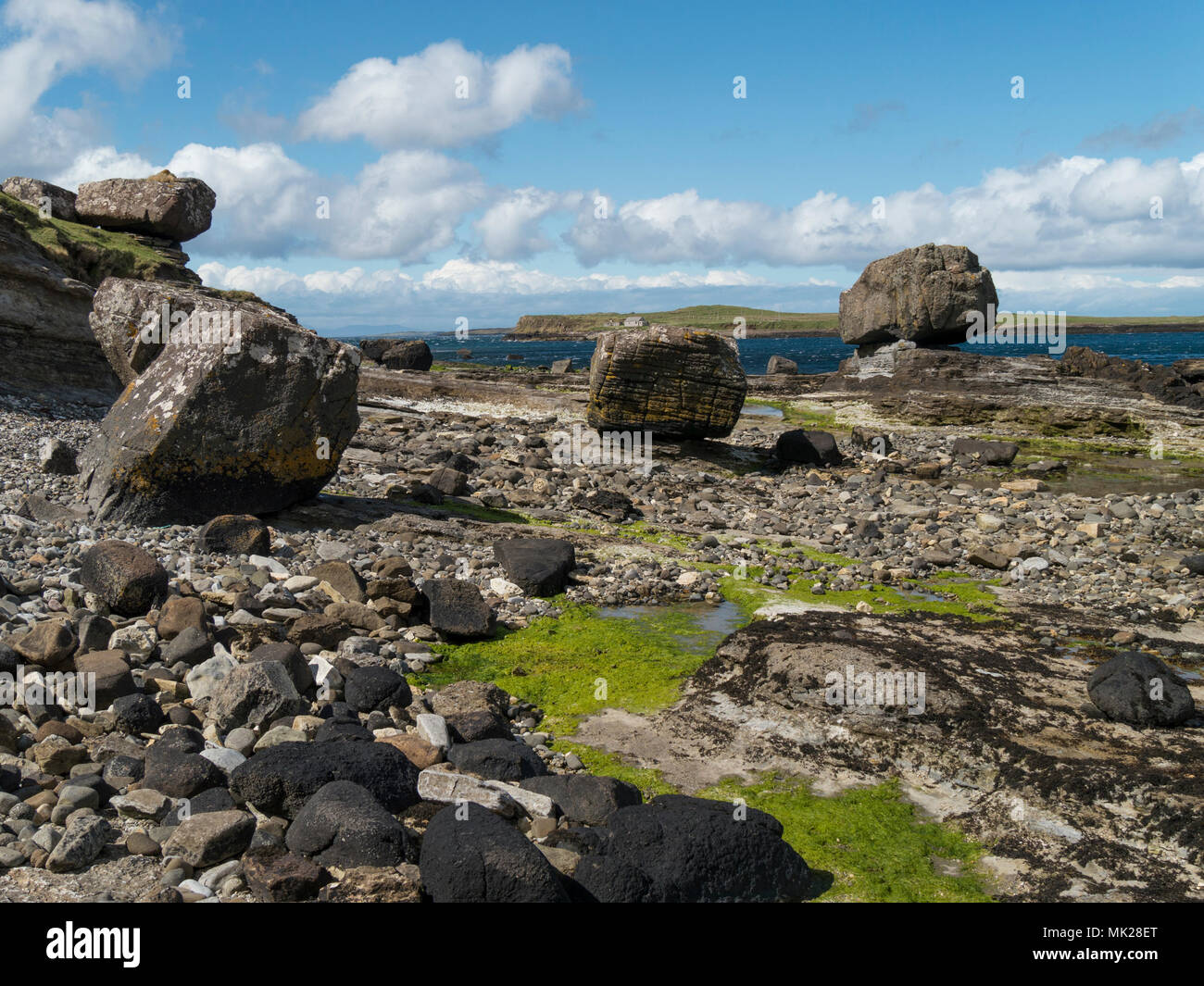 Riesige gefallene Felsbrocken auf felsigen Strand Küste, eine Corran, Staffin, Isle of Skye, Schottland, Großbritannien Stockfoto