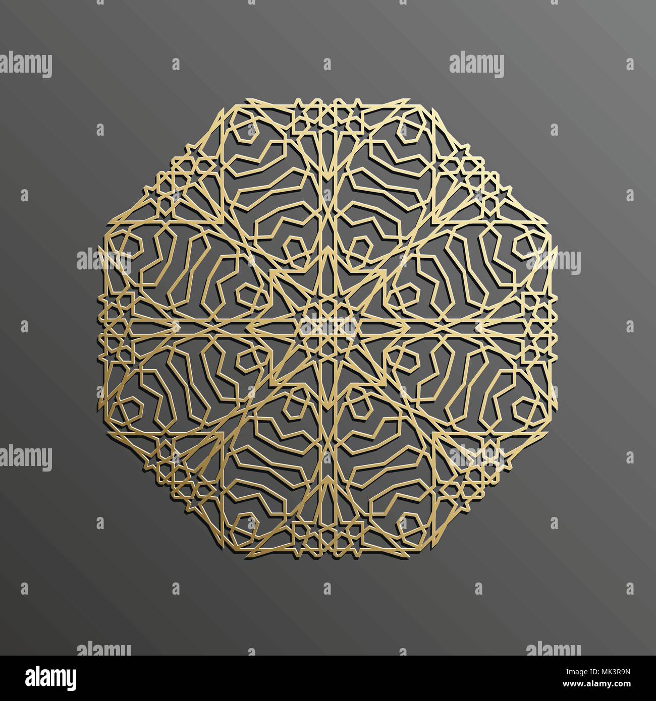 Islamische Mandala 3d Gold Hintergrund auf dunkle runde Ornament. Architektur muslimischen Textur. Broschüren Einladung, persische Motiv Design. Stock Vektor