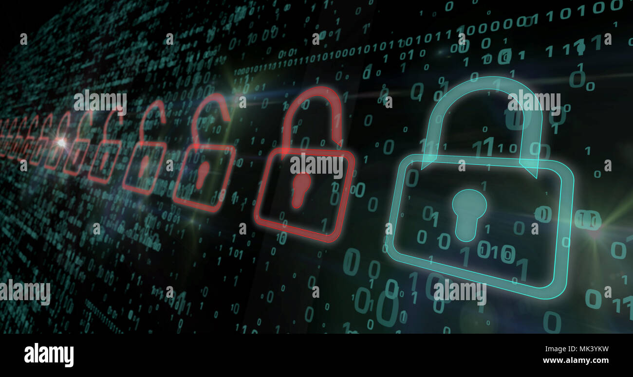 Cyber Security Konzept. Rot und Grün Vorhängeschlösser Symbol auf digitalen Hintergrund in 3D-Perspektive betrachten. Symbol der Technologie Sicherheit. Stockfoto