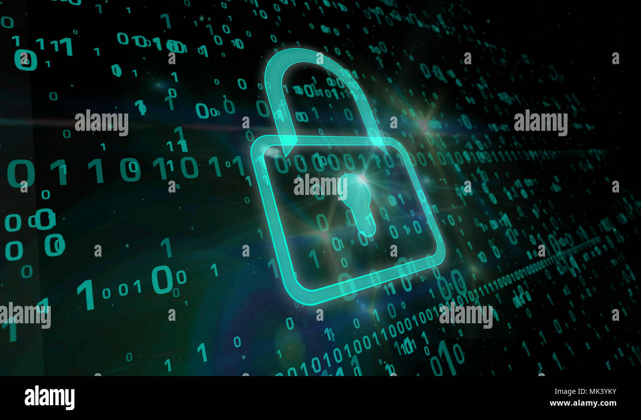 Cyber Security Konzept. Grüne Schlosssymbol auf digitalen Hintergrund in 3D-Perspektive betrachten. Symbol der Technologie Sicherheit. Stockfoto