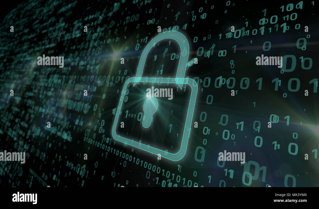Cyber Security Konzept. Grüne Schlosssymbol auf digitalen Hintergrund in 3D-Perspektive betrachten. Symbol der Technologie Sicherheit. Stockfoto