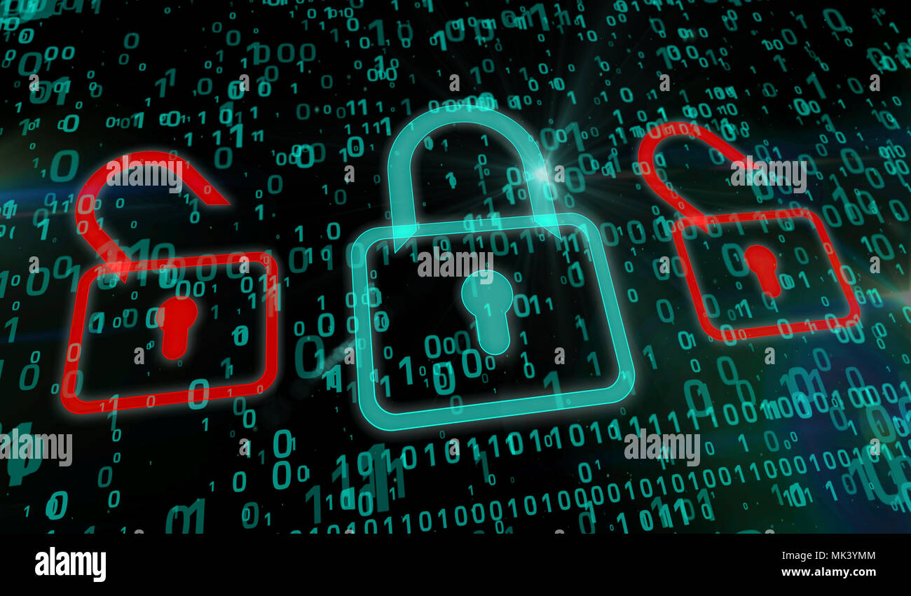 Cyber Security Konzept. Grüne Schlosssymbol auf digitalen Hintergrund in 3D-Perspektive betrachten. Symbol der Technologie Sicherheit. Stockfoto
