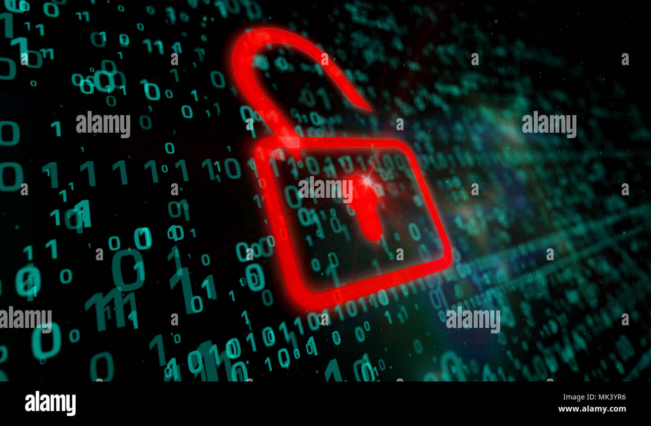 Cyber Security Konzept. Rotes Vorhängeschloss auf digitalen Hintergrund in 3D-Perspektive betrachten. Symbol der Schutz der Technologien. Stockfoto