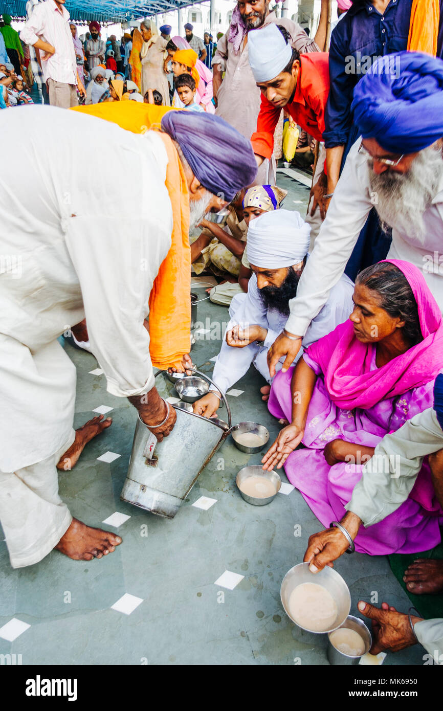 Amritsar, Punjab, Indien: ein Sikh Mann bietet kostenlosen Tee an die Pilger an der Guru Ka Langar Gemeinschaft Küche des Goldenen Tempel, wo kostenlose Nahrungsmittel für Stockfoto