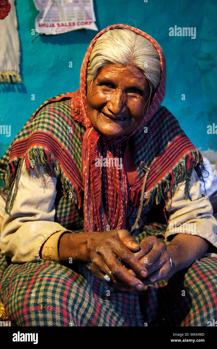 Porträt der alten indischen Frau in ihrem Haus in Naggar, Himachal Pradesh, Indien Stockfoto