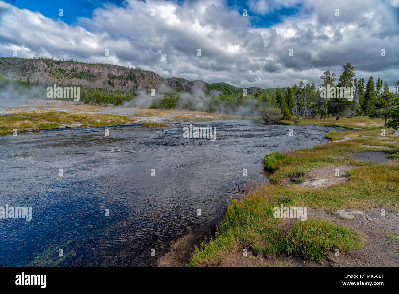 Green river Banken mit Fluß in Wald unter strahlend blauen Himmel mit flauschigen weissen Wolken. Stockfoto