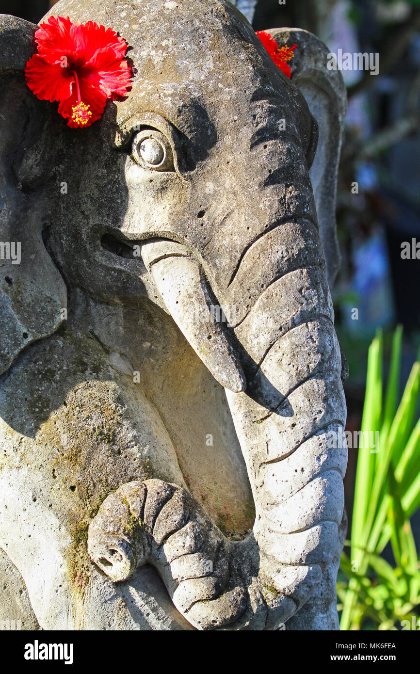 Statue von Ganesha, einem hinduistischen Gott in der Form eines Elefanten mit roten Hibiskus Blumen, Bali, Indonesien Stockfoto