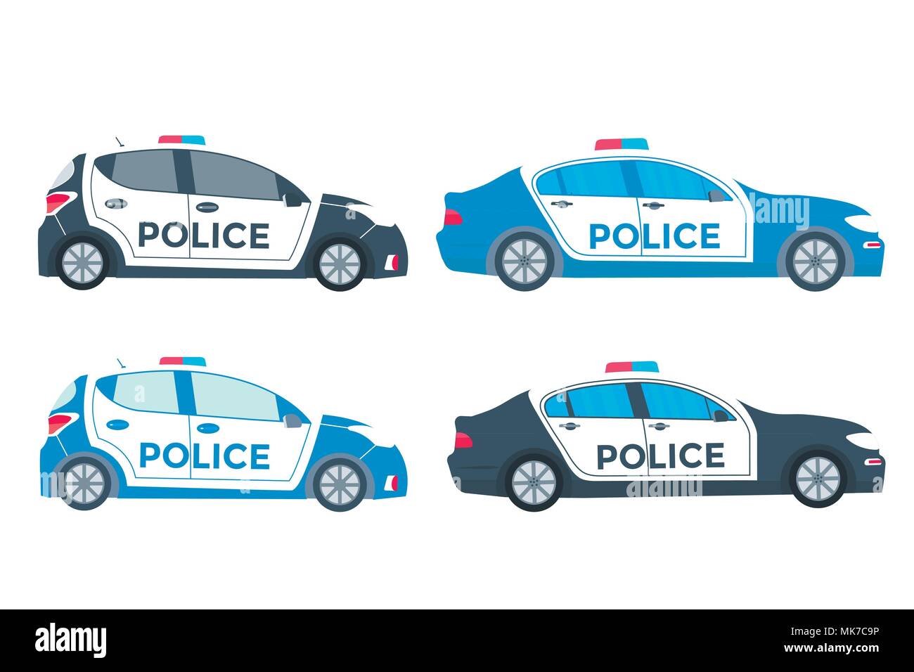 Streife auf einer Straße mit Polizei Auto. Fahrzeug mit Blaulicht auf dem Dach. Flache Vector Illustration. Stock Vektor