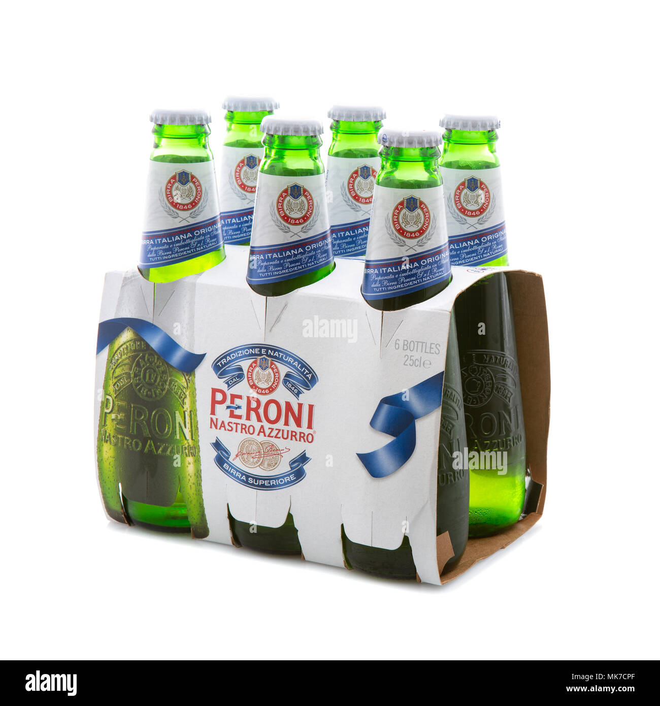 SWINDON, UK - Mai 7., 2017: 6 Pack von Peroni Bier, Brauerei Peroni (Birra Peroni), ist ein Brewing Company, in Italien gegründet und von SAB Miller gehört Stockfoto