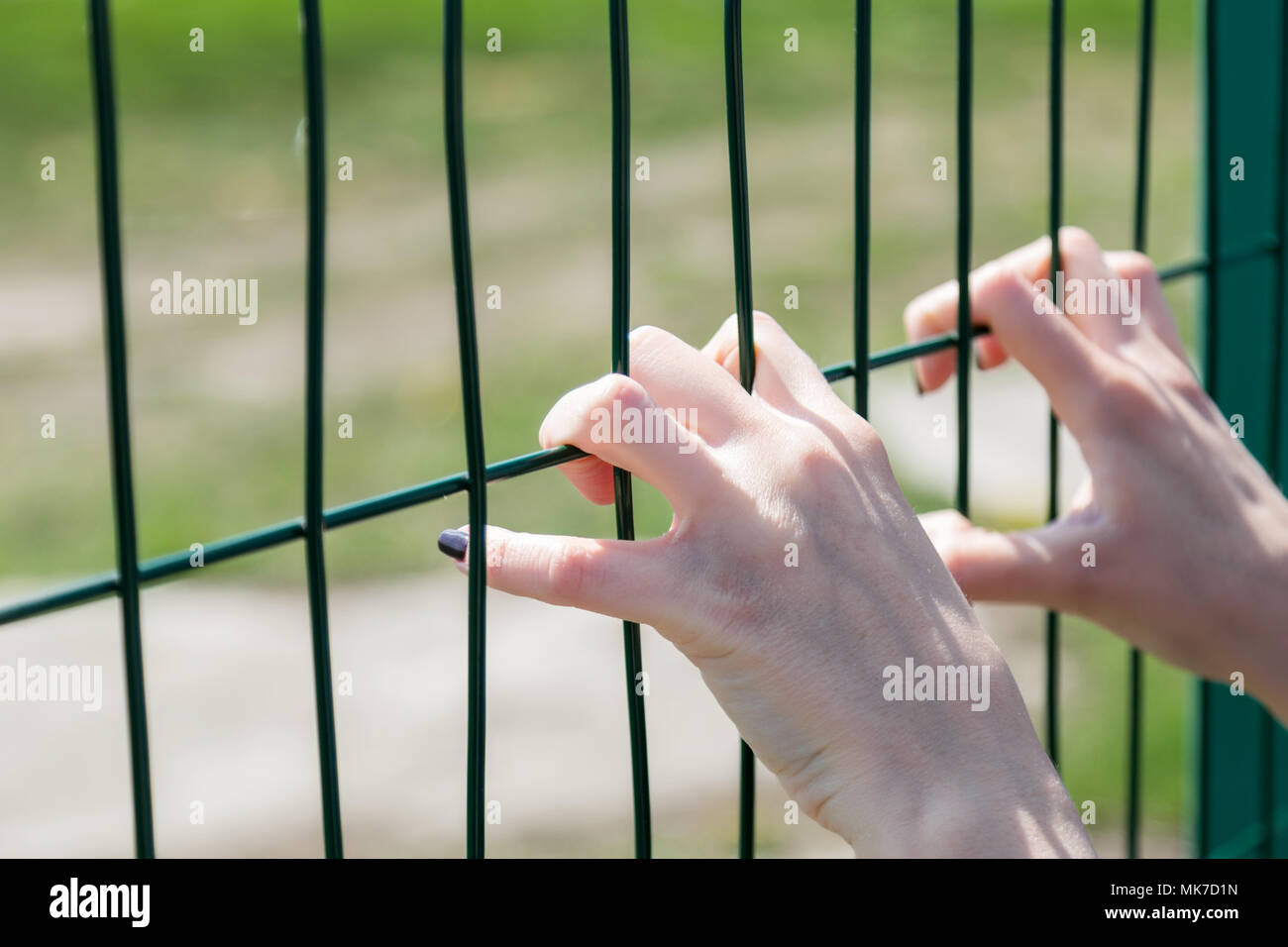 Weibliche hand Maschendrahtzaun. Grenzen, Beschränkung oder Kürzung Konzept. Stockfoto