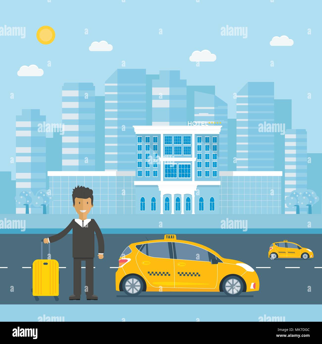 Maschine gelbes Taxi mit Fahrer, Gepäck, Hotel in der Stadt. Öffentliches Taxi Service Konzept. Flache Vector Illustration. Stock Vektor