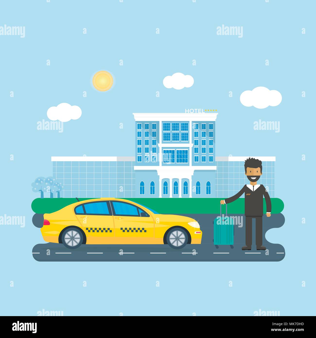 Maschine gelbes Taxi mit Fahrer, Gepäck, Hotel in der Stadt. Öffentliches Taxi Service Konzept. Flache Vector Illustration. Stock Vektor