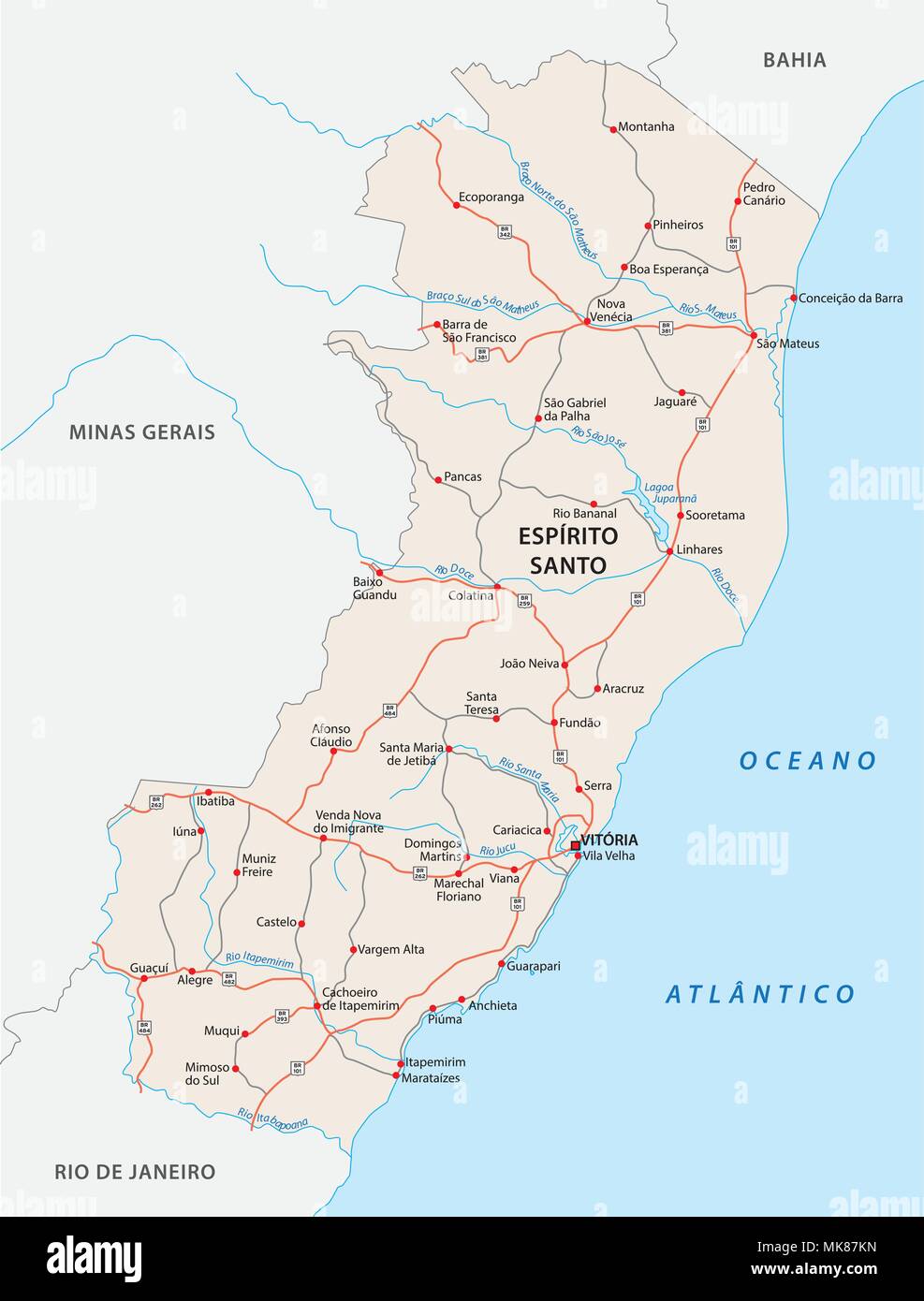 Straße Vektorkarte des brasilianischen Bundesstaat Espirito Santo Stock Vektor