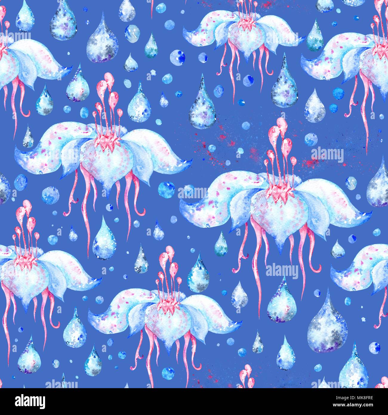 Aquarell nahtlose Textur mit Lotus, Wassertropfen und Farbe spritzen auf blauem Hintergrund Stockfoto