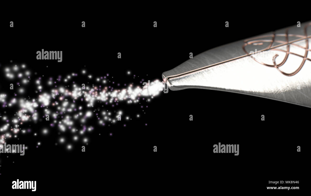 Eine Nahaufnahme von einem reich verzierten Metall nib eines alten Füllfederhalter Zeichnung eine spiralförmige Form der funkelt in der Luft - 3D-Rendering Stockfoto