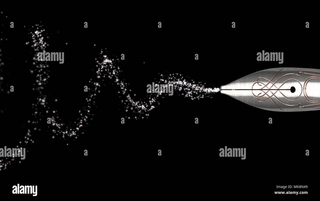 Eine Nahaufnahme von einem reich verzierten Metall nib eines alten Füllfederhalter Zeichnung eine spiralförmige Form der funkelt in der Luft - 3D-Rendering Stockfoto
