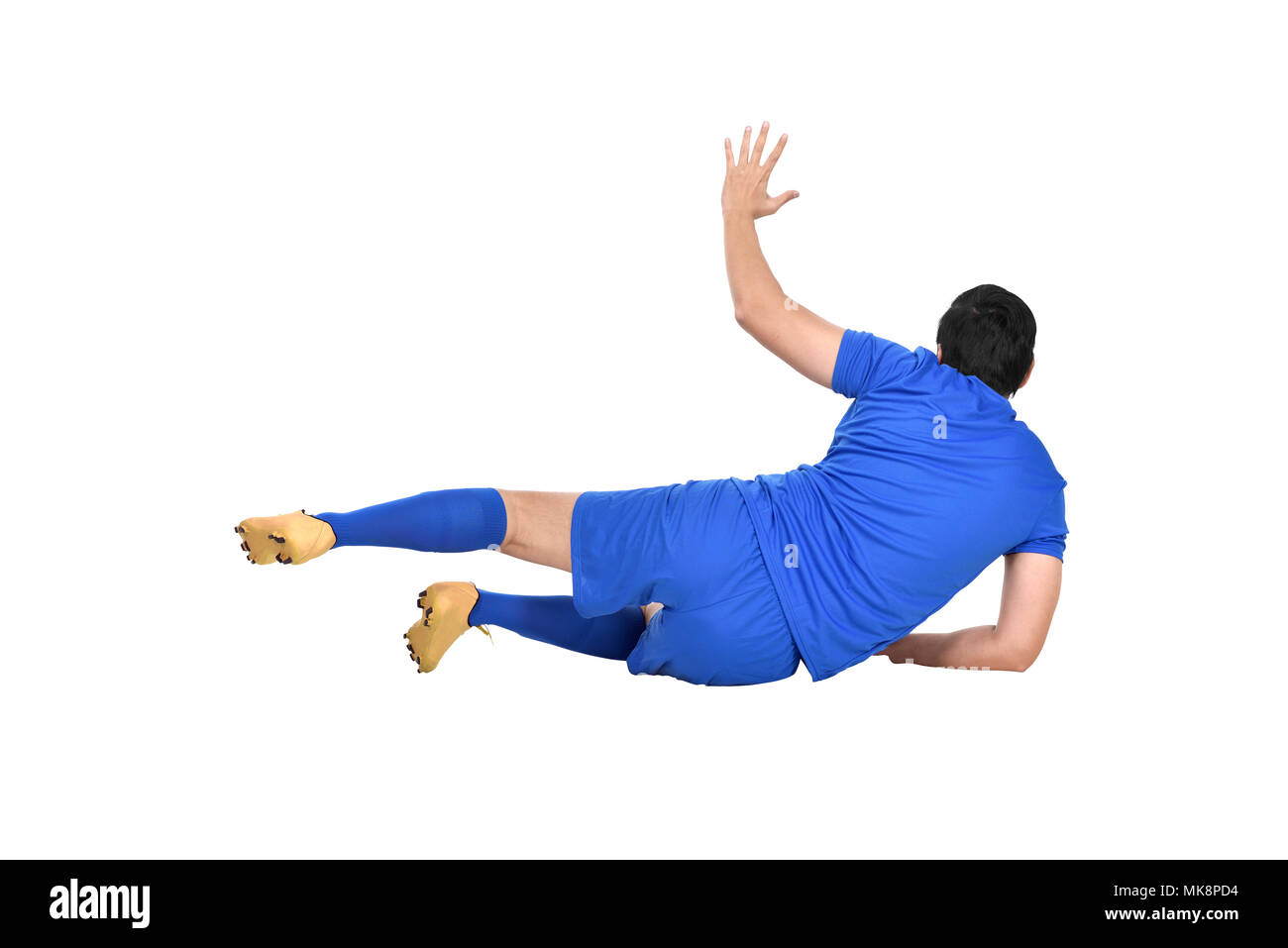 Bild des asiatischen Torwart mit blauen Jersey auf weißem Hintergrund Stockfoto