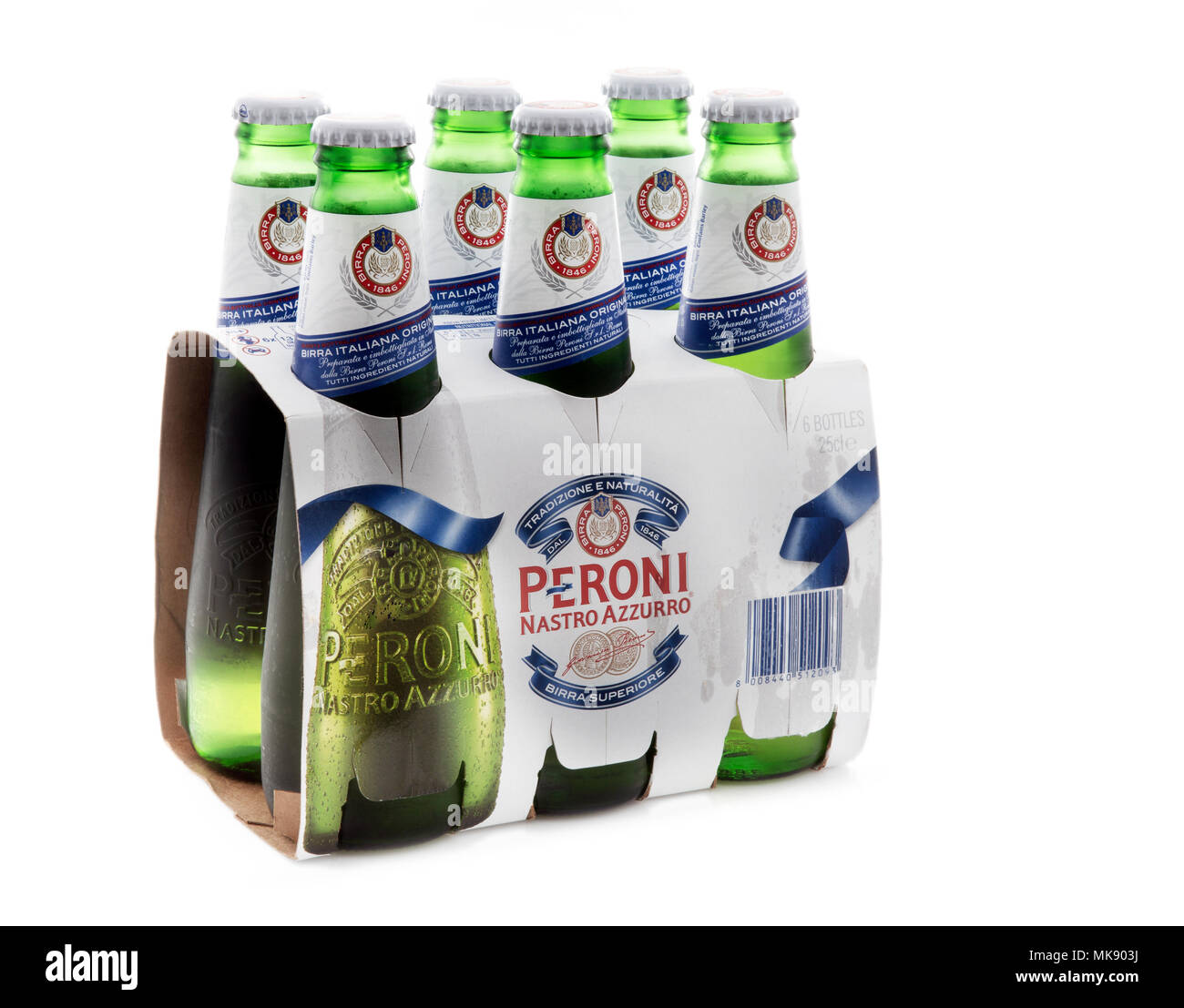 SWINDON, UK - Mai 7., 2017: 6 Pack von Peroni Bier, Brauerei Peroni (Birra Peroni), ist ein Brewing Company, in Italien gegründet und von SAB Miller gehört Stockfoto