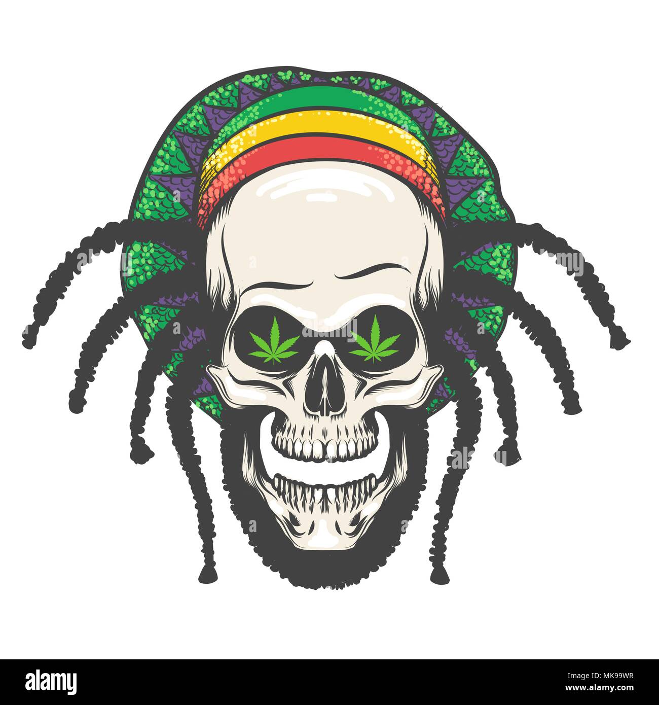 Menschlicher Schädel mit dredlocks in Rasta Hut. Vector Illustration. Stock Vektor