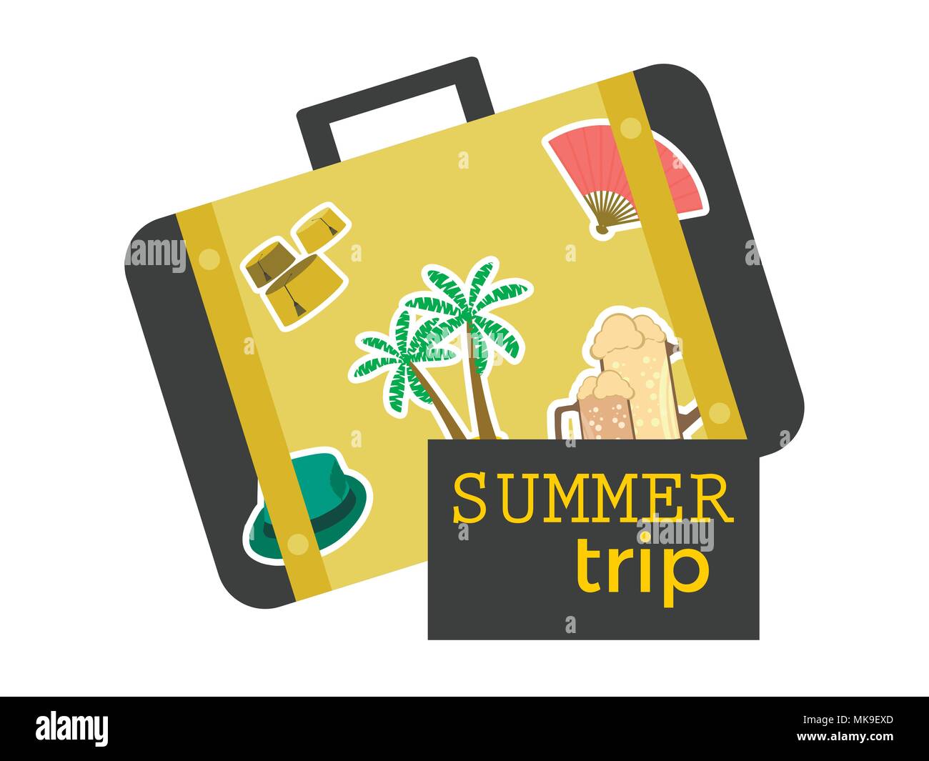 Sommer reise Koffer mit Aufkleber. Reisen Banner, Symbol auf weißem Hintergrund. Vector Illustration Stock Vektor