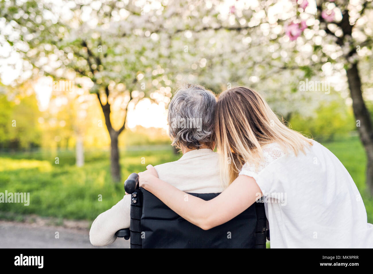 Ältere Großmutter im Rollstuhl mit Enkelin im Frühjahr die Natur. Stockfoto