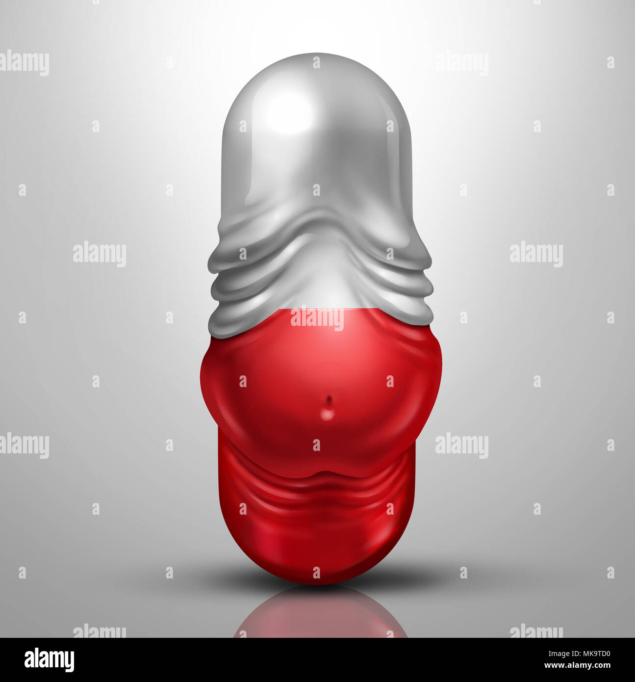 Übergewicht Pille und beleibte Medikation Gesundheit Symbol als Medizin Capsule wie eine übergewichtige Person als 3D-Illustration geprägt. Stockfoto
