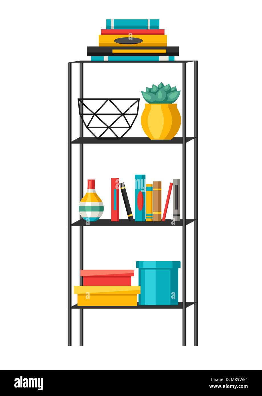 Interieur Home Decor. Regale mit Büchern und Vasen. Stock Vektor