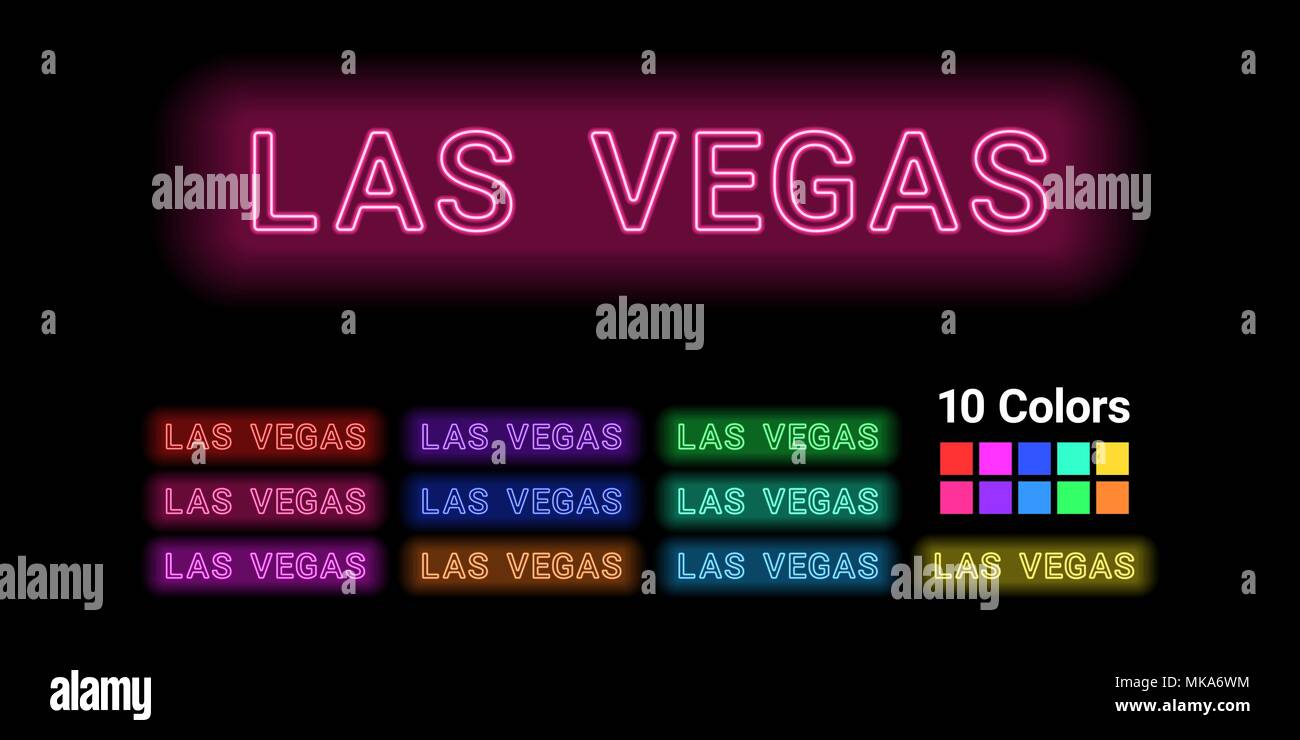 Neon Name von Las Vegas in der Stadt. Vector Illustration von Las Vegas Inschrift aus Neon skizziert, mit Hintergrundbeleuchtung auf dem dunklen Hintergrund. 10 Unte Stock Vektor