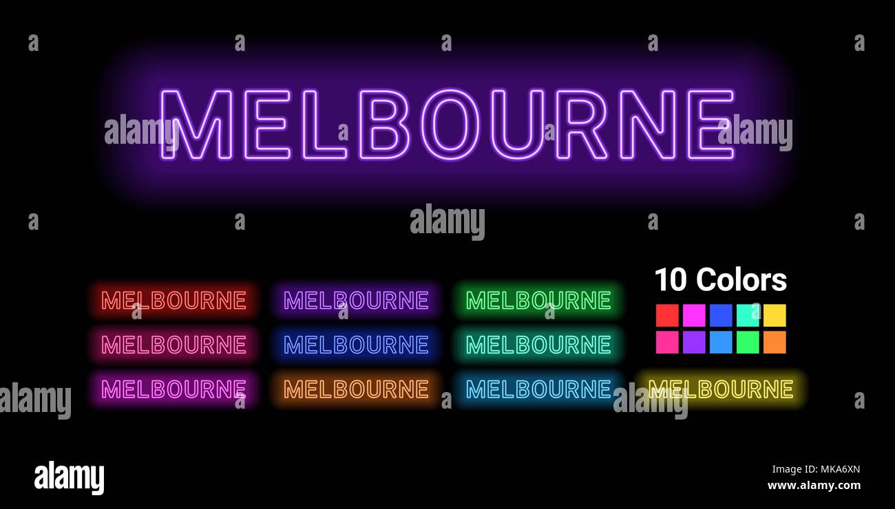 Neon Name der Stadt Melbourne. Vector Illustration von Melbourne Inschrift aus Neon auf dem dunklen Hintergrund skizziert, mit Hintergrundbeleuchtung. Set d Stock Vektor