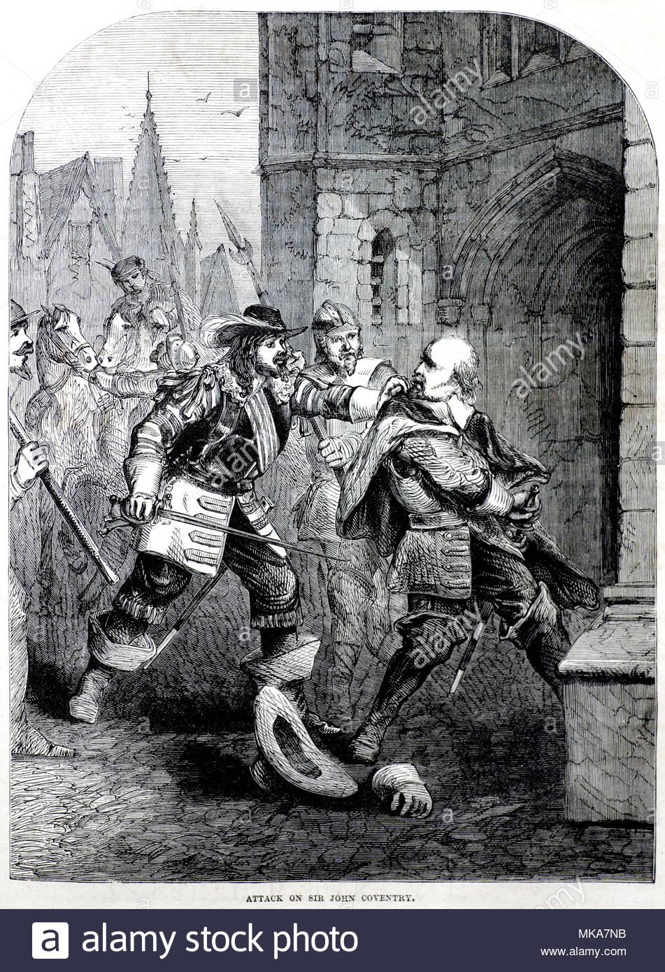 Angriff auf John Coventry, Sir John Coventry 1636 - 1685 war ein englischer Politiker, der im Unterhaus zwischen 1667 und 1682 saß, antike Darstellung von ca. 1880 Stockfoto