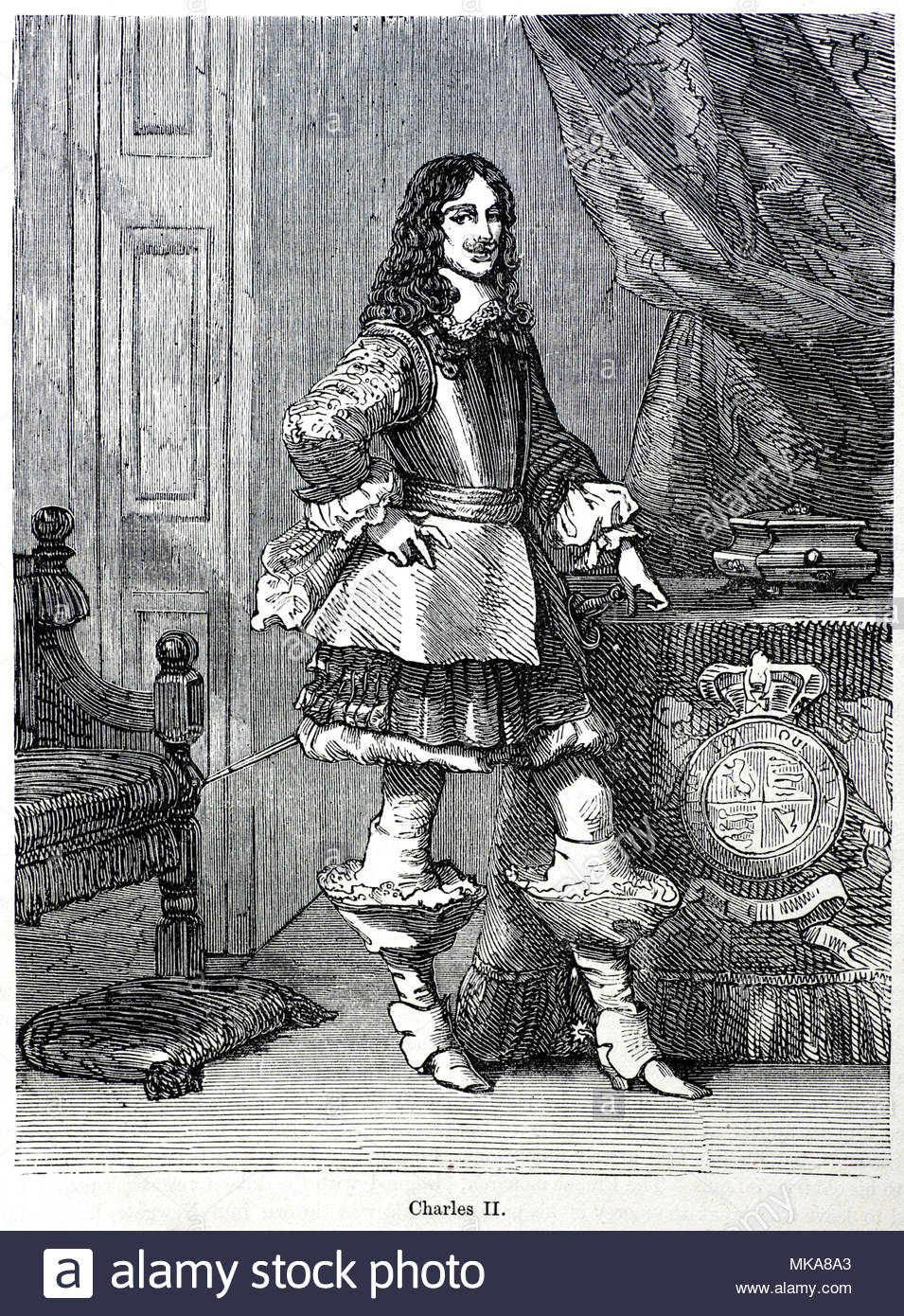 Charles II Porträt, 1630-1685 König von England, Schottland und Irland. Er war König von Schottland von 1649 bis zu seiner Absetzung 1651, und der König von England, Schottland und Irland von der Restauration der Monarchie 1660 bis zu seinem Tod, antike Darstellung von ca. 1880 Stockfoto