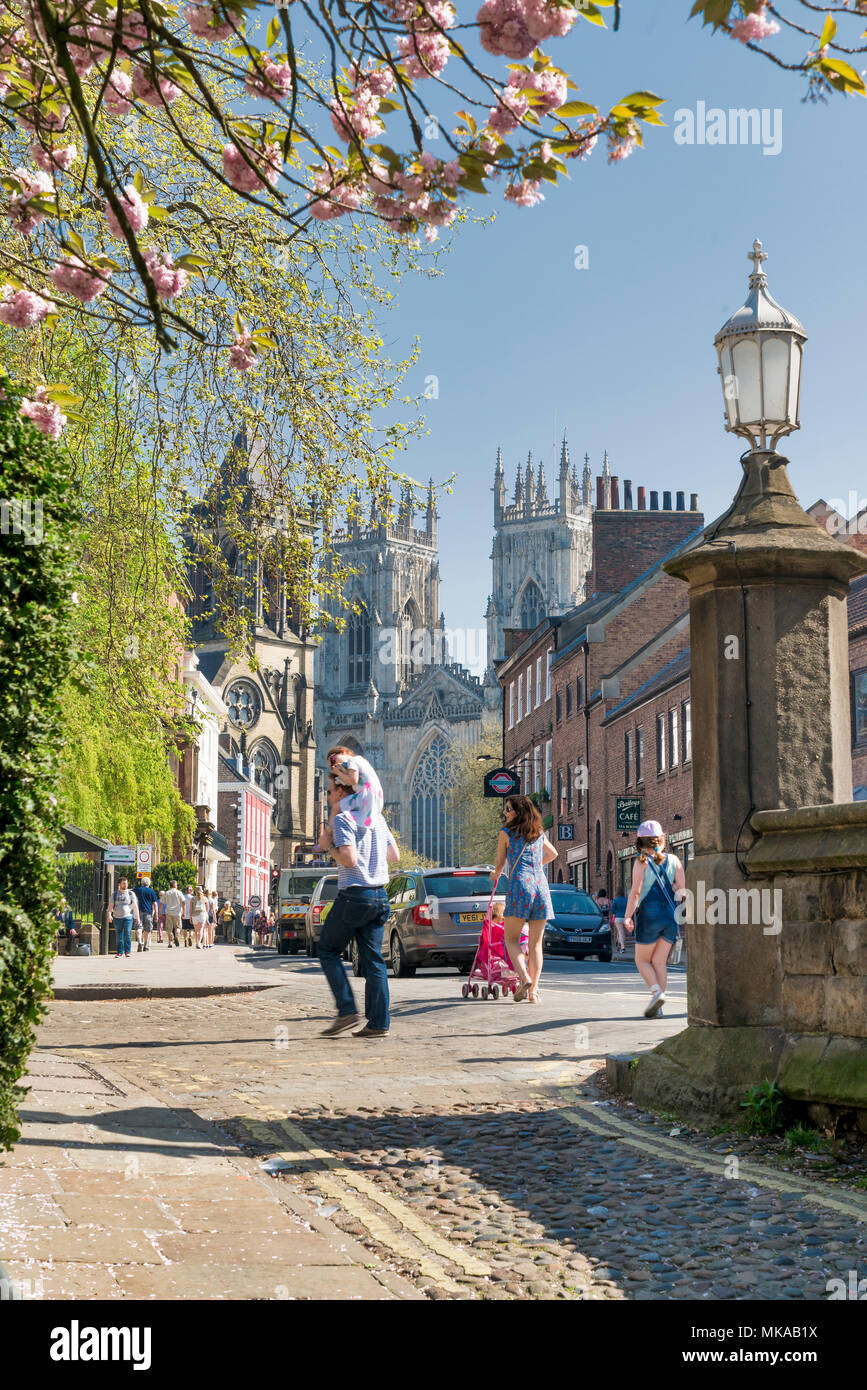 York, England, 7., Mai, 2018, padestrians im Museum Straße in das Museum Gardens und das York Minster, die im Hintergrund an einem sonnigen Frühlingsmorgen. Quelle: John Potter/Alamy leben Nachrichten Stockfoto