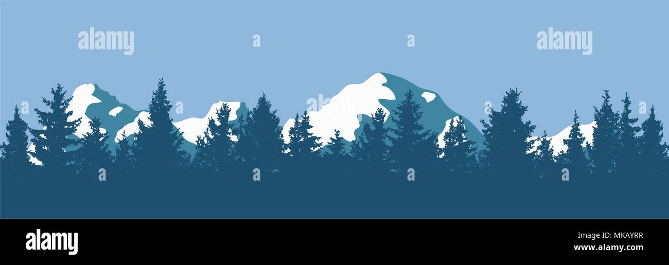 Vektor Kiefernwald Hintergrundmuster. Abstrakt Blau und Weiß Panorama der Natur Landschaft mit immergrünen Nadelbäumen und Berg Silhouetten. Stock Vektor