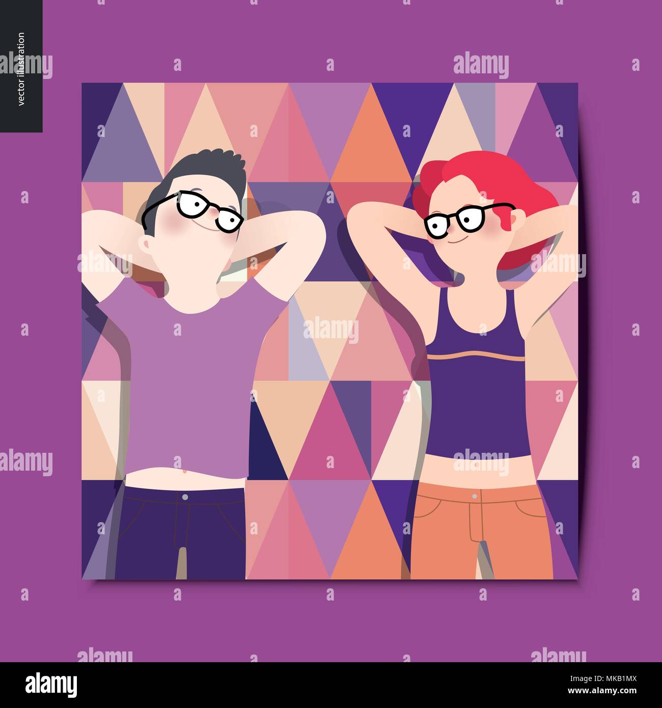 Einfache Dinge - junges Paar auf Picknick, Ansicht von oben - Flachbild cartoon Vector Illustration von Frau und Mann zur Festlegung auf Dreieck gemusterten purple Plaid, s Stock Vektor