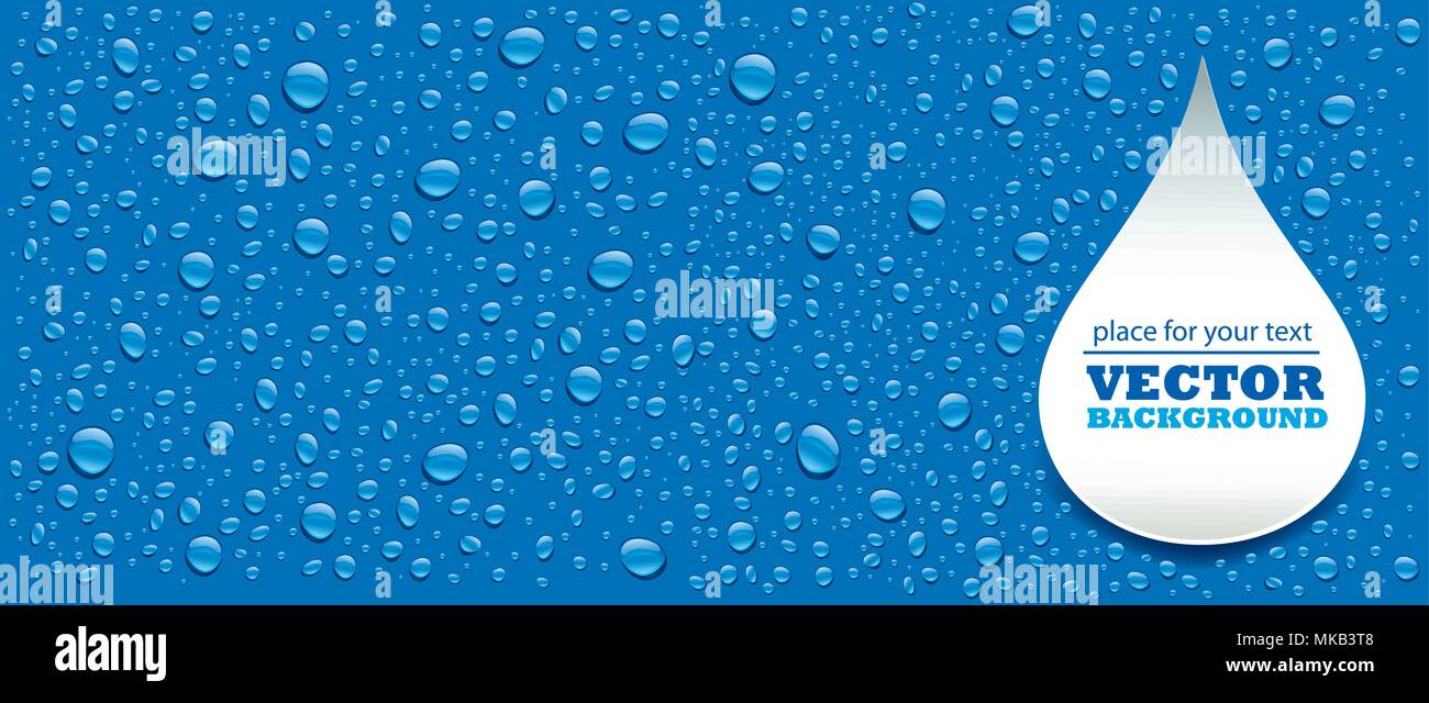 Wassertropfen auf einem blauen Hintergrund mit Platz für Text Stock Vektor