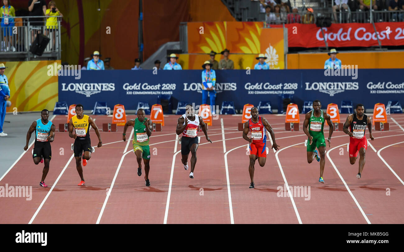 GOLD COAST, Australien - 8 April: Warren Fraser, Nigel Ellis, Akani Simbine, Harry Aikines-Aryeetey, kemar Hyman, Seye Ogunlewe, Keston Bledman Wettbewerber Stockfoto