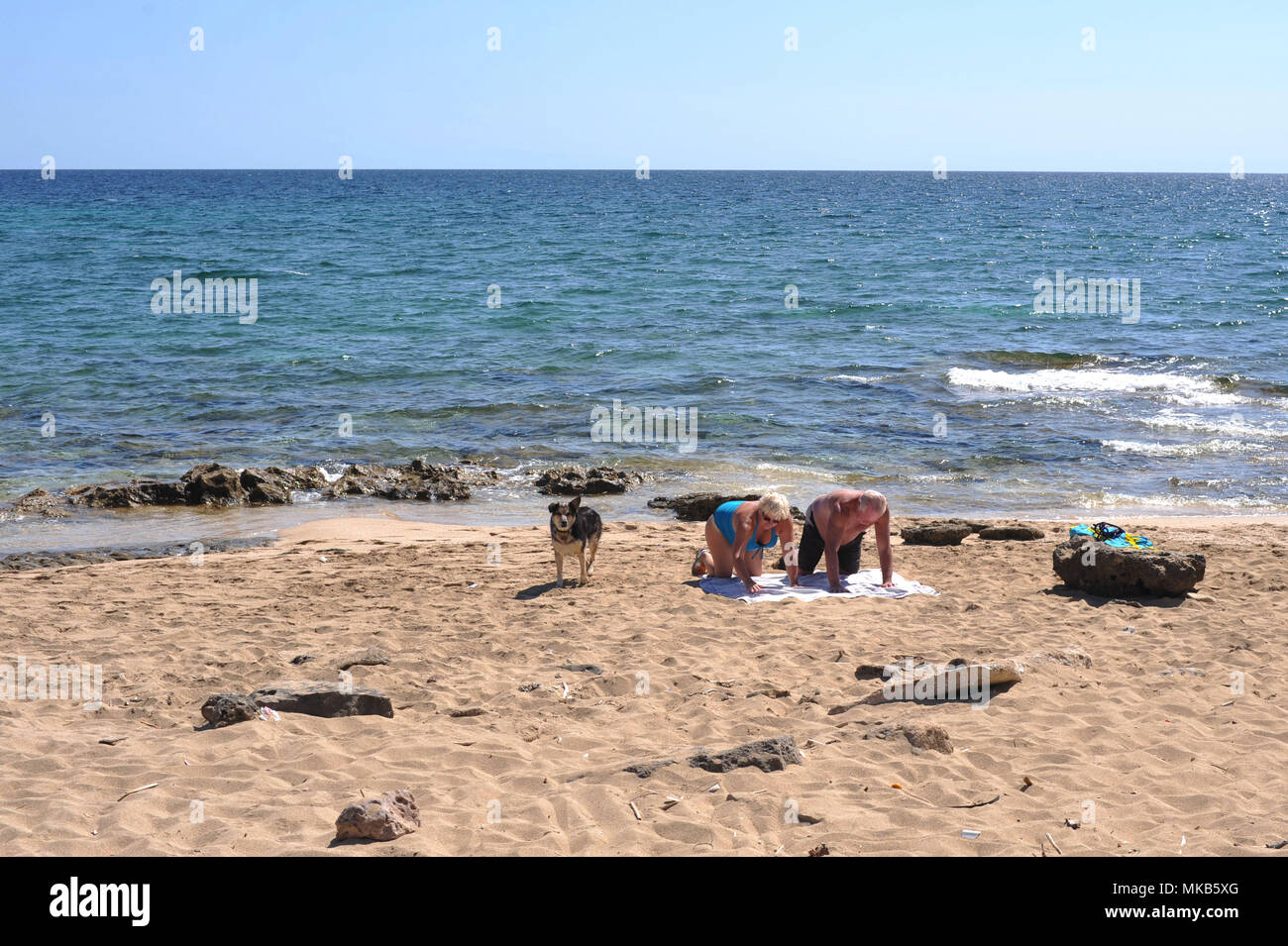 Punta Prosciutto, ältere Paare mit Hund am Strand liegen. Italien. Stockfoto