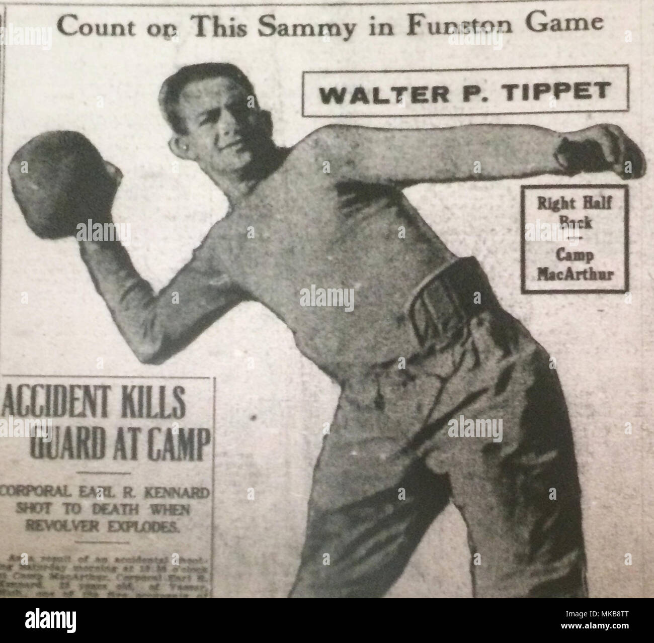 Walter Tippet von Stevens Point, Wis., war ein Stern Läufer in Appleton's Lawrence College und war einer der besten Spieler auf's Camp MacArthur 32nd Division Football Team, bestehend aus Männern von der Wisconsin und Michigan National Guard. Bild von Dez. 4, 1917 Camp MacArthur Bugle Stockfoto