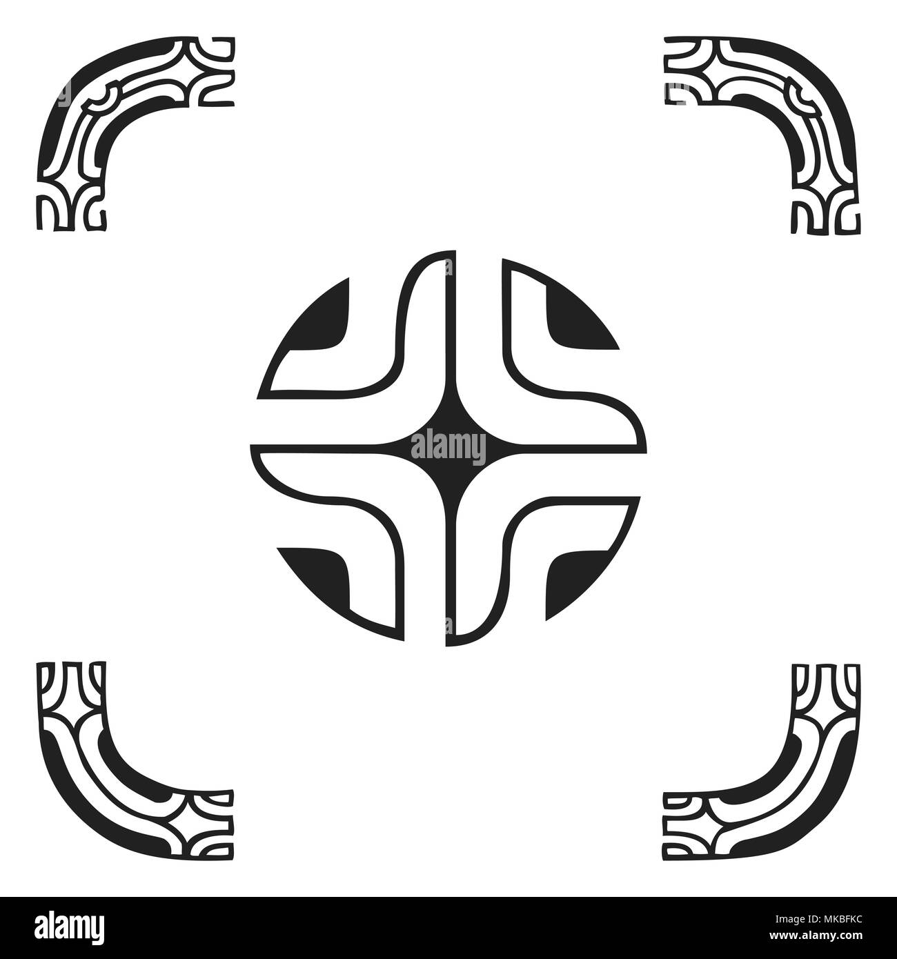 Vector schwarz Schwarz-Weiß-hand nativen polynesischen Volkskunst Symbole Kreis Marquesanische Kreuz eingezeichnet, die Arme von Tiki Abbildung isoliert weißer Hintergrund Stock Vektor