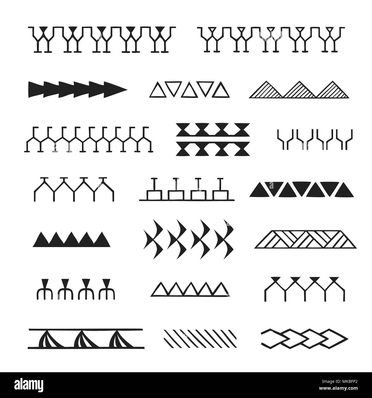 Vector schwarz Schwarz-Weiß-hand nativen polynesischen Volkskunst Symbole Schlaganfall Muster gezeichnet enata, Werk verlässt, Haizähne, Thunfisch, aniata, Turtle Shell Stock Vektor