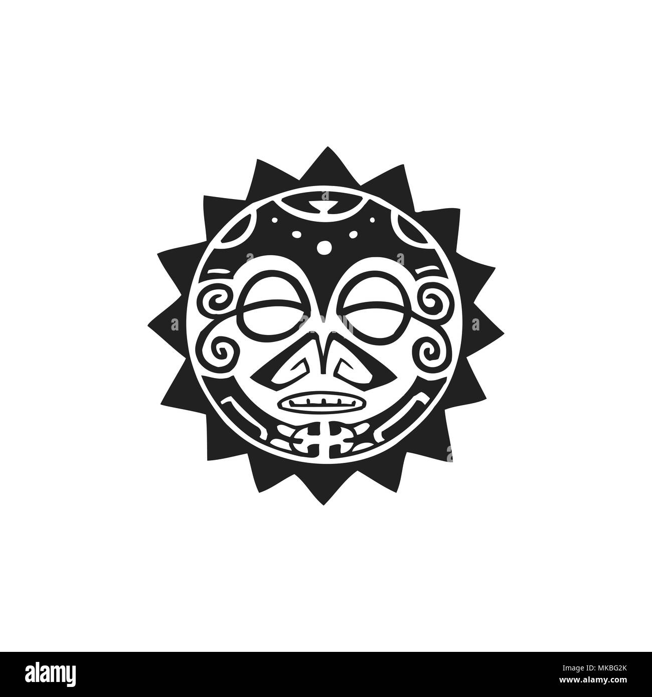 Vector schwarz Schwarz-Weiß-hand nativen polynesischen Volkskunst sun Symbol mythologische circle Tiki Gesicht Abbildung gezeichnet isoliert weißer Hintergrund Stock Vektor