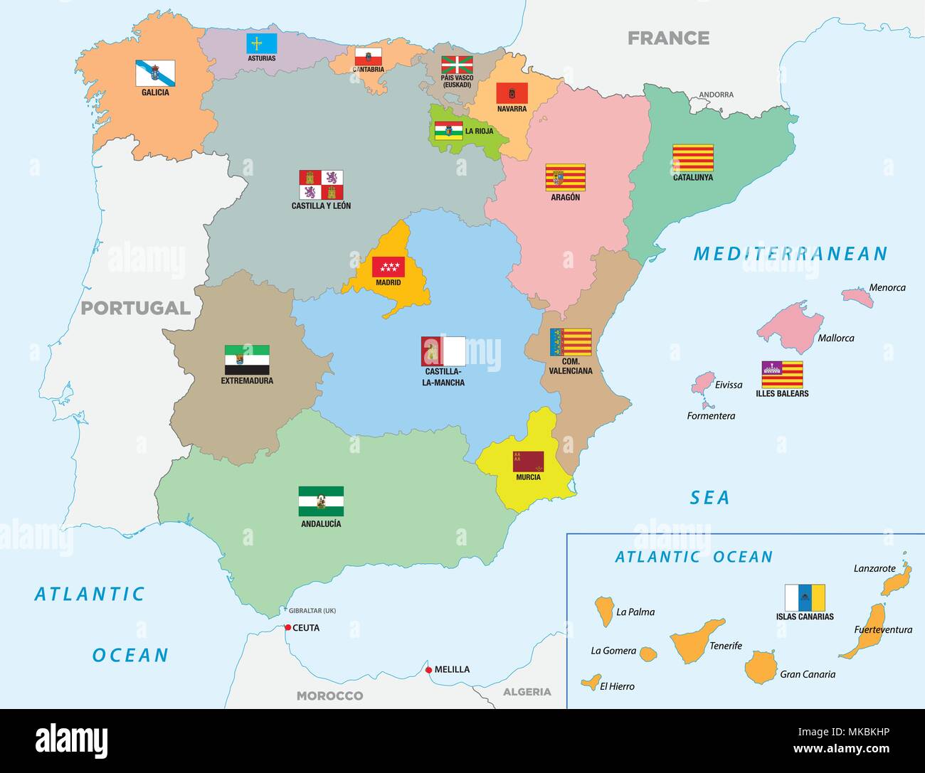 Spanien administrative und politische Vektorkarte mit Fahnen Stock Vektor