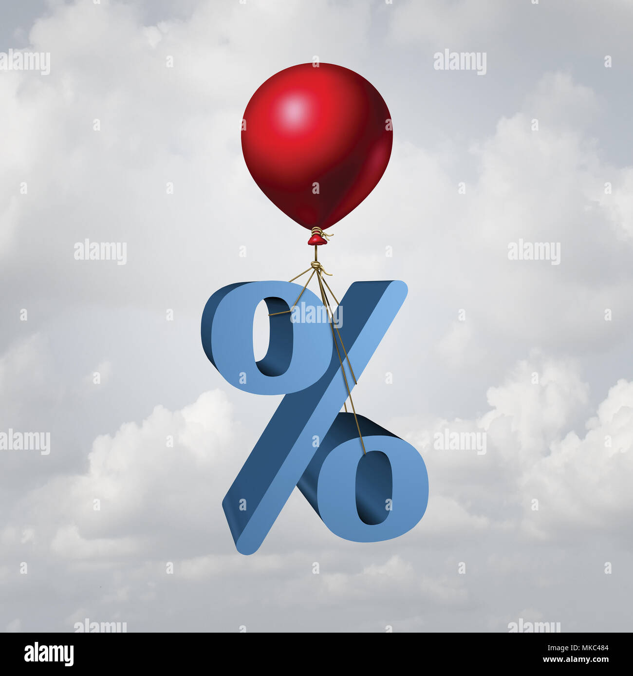 Steigende Zinsen und Inflation wirtschaftlichen Konzept als Prozentsatz, um von einem fliegenden Ballon mit 3D-Illustration Elemente aufgehoben. Stockfoto