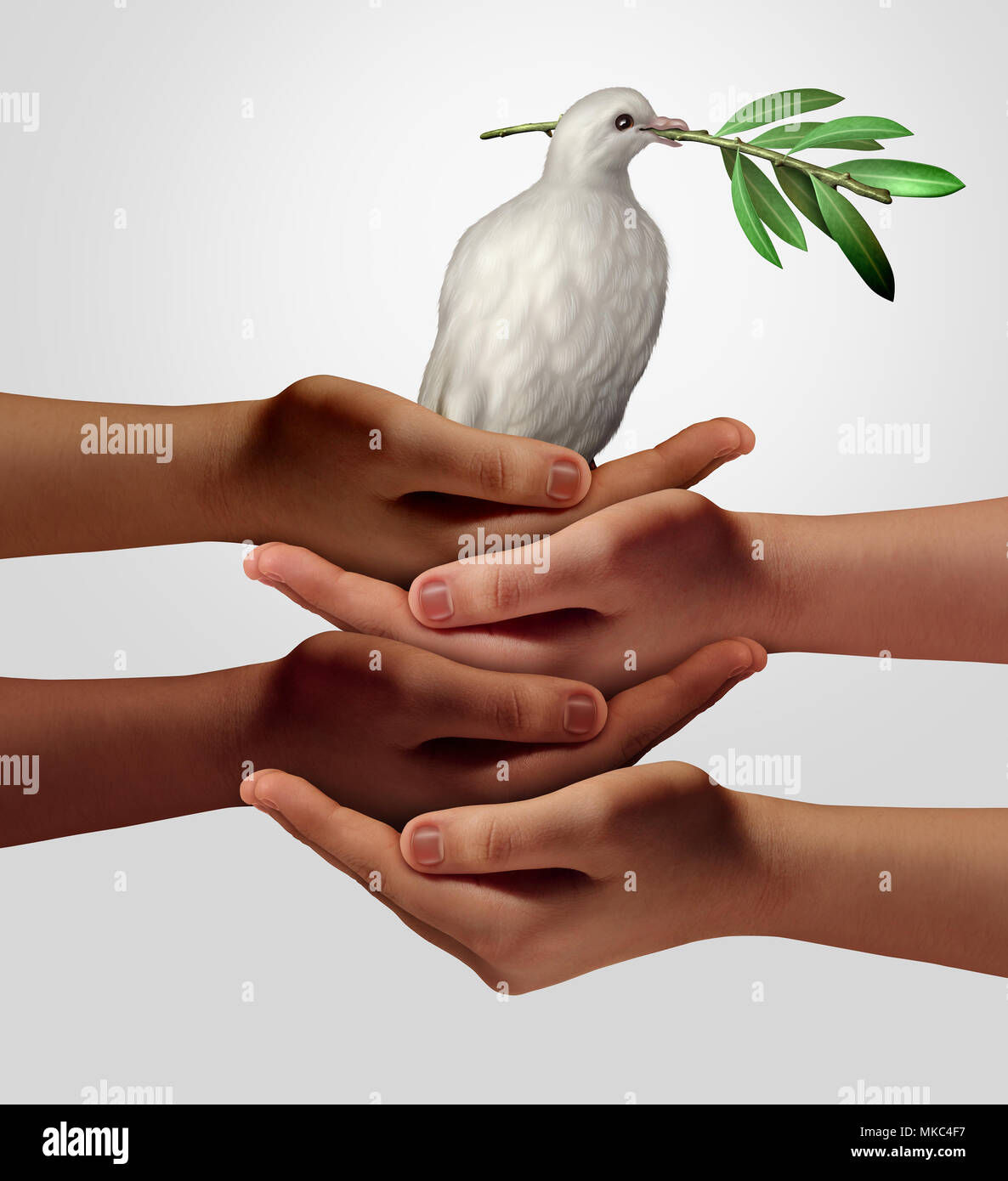 Vielfalt und Diplomatie, wie die Menschheit zusammen kommen zu unterstützen, Frieden anitiatives als ethnische kulturelle Hände halten eine Taube als Team mit Stockfoto